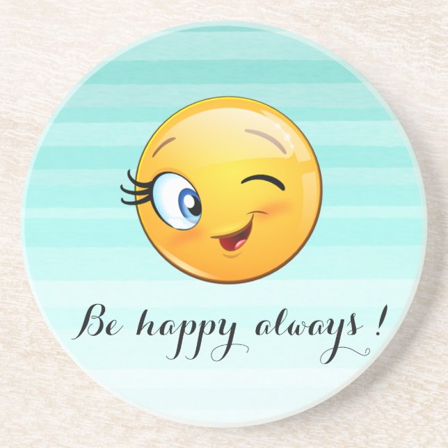 Adorable Winking Emoji Face-Be happy always Coaster (Front)