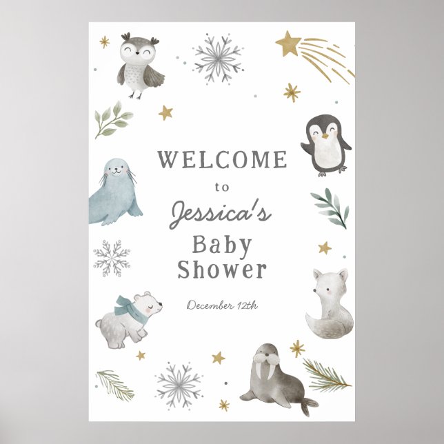 Adorable Winter Arctic Animals Baby Shower Welcome Poster (Front)