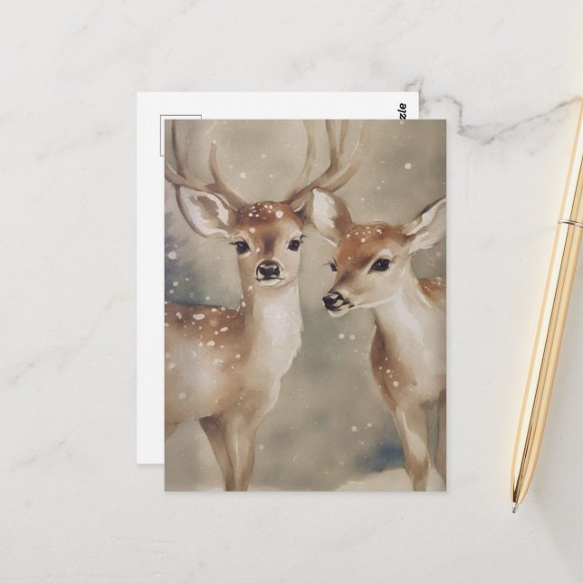 Adorable Winter Deer Watercolor Postcard (Front/Back In Situ)
