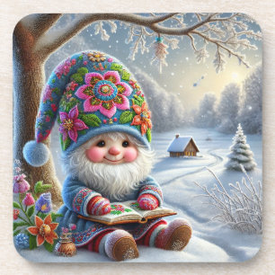 Adorable Winter Gnome in a Cozy Winter Landscape Coaster