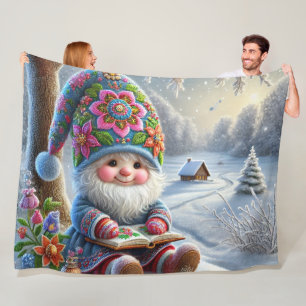 Adorable Winter Gnome in a Cozy Winter Landscape Fleece Blanket