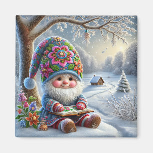 Adorable Winter Gnome in a Cozy Winter Landscape Magnet