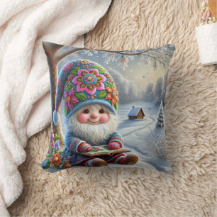 Adorable Winter Gnome in a Cozy Winter Landscape Throw Pillow