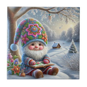 Adorable Winter Gnome in a Cozy Winter Landscape Tile