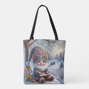 Adorable Winter Gnome in a Cozy Winter Landscape Tote Bag
