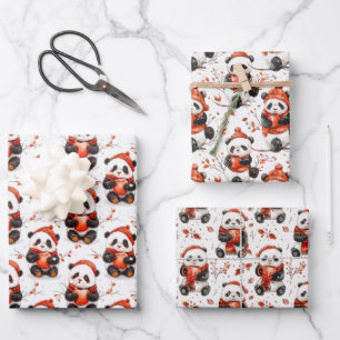 Adorable Winter Panda Pattern with Cozy Red Beanie Wrapping Paper Sheet