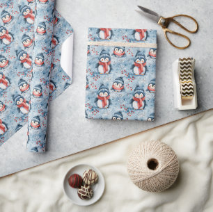 Adorable Winter Penguin Pattern with Cozy Hats Wrapping Paper