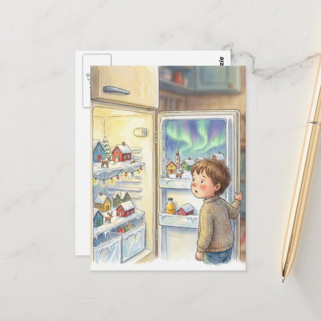 Adorable Winter Scene in Refrig Amazed Boy Postcard (Front/Back In Situ)