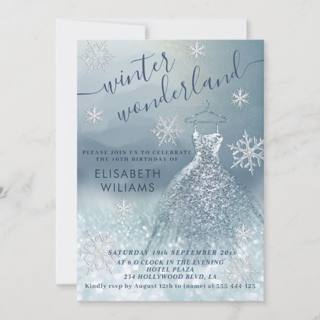 Adorable winter wonderland glitter blue sweet 16 invitation (Front)