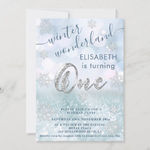 Adorable winter wonderland glitter first birthday invitation
