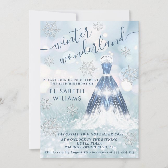 Adorable winter wonderland glitter ombre sweet 16 invitation (Front)