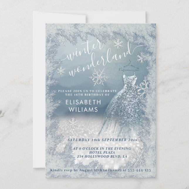 Adorable winter wonderland glitter ombre sweet 16  invitation (Front)