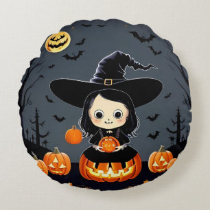 Adorable Witch and Pumpkins Round Pillow