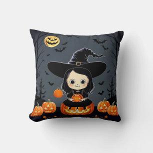 Adorable Witch and Pumpkins Throw Pillow
