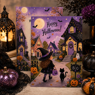 Adorable Witch & Black Cat Halloween Party Invitation