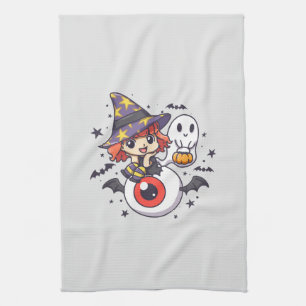 Adorable Witch Hat Kid on Mystical Eye Kitchen Towel