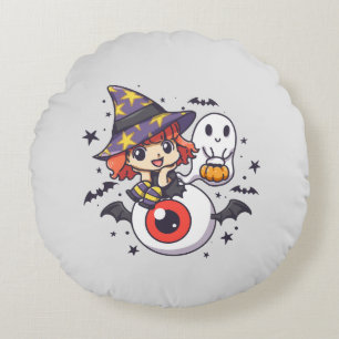Adorable Witch Hat Kid on Mystical Eye Round Pillow