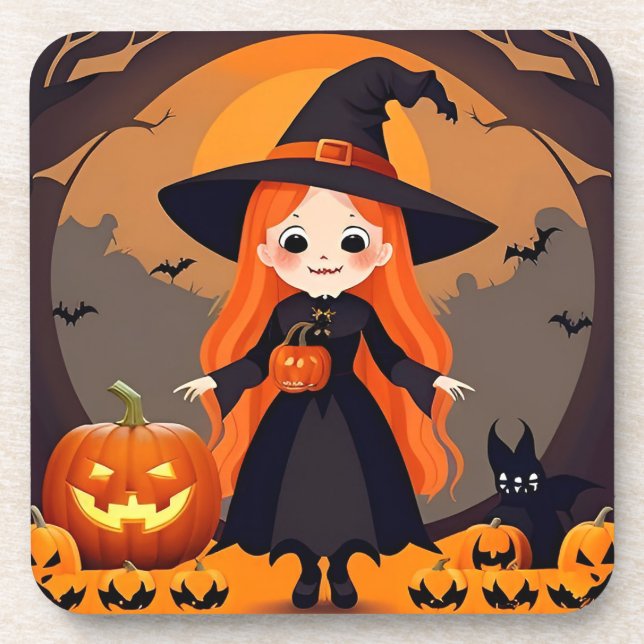 Adorable Witch in Halloween Setting with Pumpkins Coaster (Front)