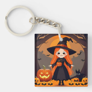 Adorable Witch in Halloween Setting with Pumpkins Keychain