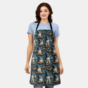 Adorable Wizard Cat Pattern with Books and Stars Apron