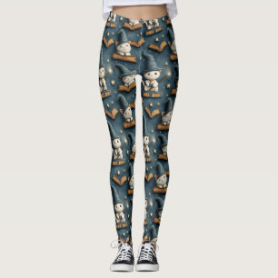 Adorable Wizard Cat Pattern with Books and Stars Leggings