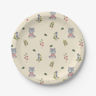 Adorable Wolf and Forest Berries Pattern Paper Plate