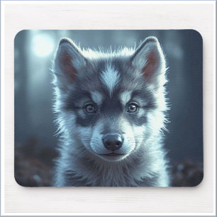 Adorable Wolf Baby in the Moonlight Mouse Pad