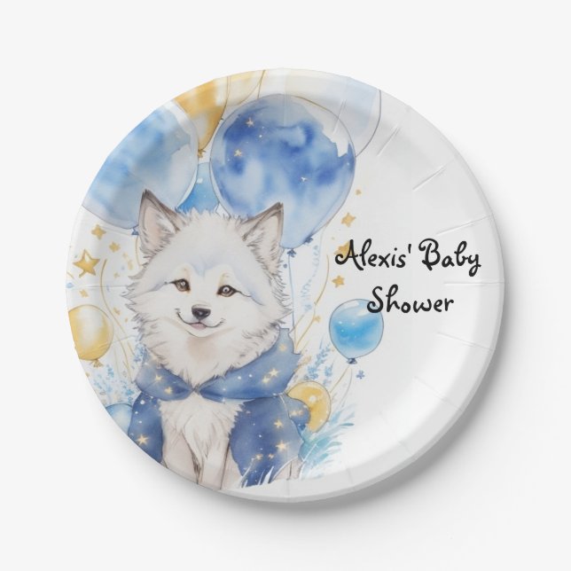 Adorable Wolf Pup Baby Shower Paper Plate (Front)