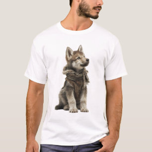Adorable Wolf Pup in Rustic Winter Vest and Scarf T-Shirt