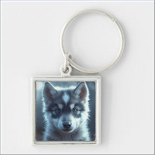 Adorable Wolf Puppy in the Moonlight Keychain