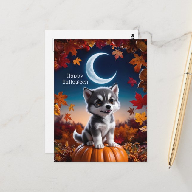 Adorable Wolf with Crescent Moon Halloween Art Postcard (Front/Back In Situ)
