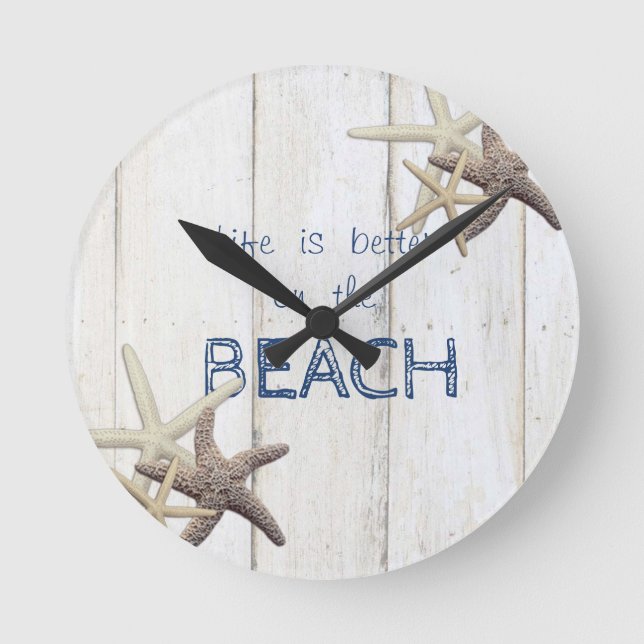 Adorable Wood Texture,Starfish,Beach   Round Clock (Front)