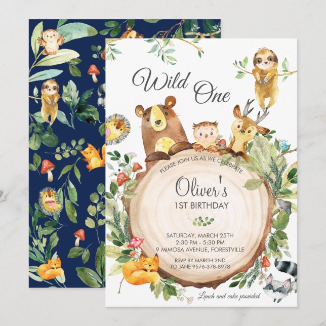 Adorable Woodland Animals 1st Birthday Wild One Invitation (Front/Back)