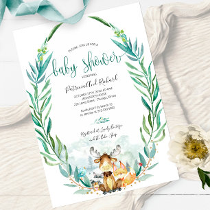 Adorable Woodland Animals Greenery Baby Shower Invitation