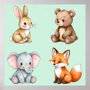 Adorable Woodland Baby Animals Pastel Watercolor  Poster