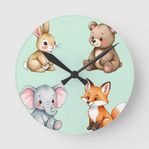 Adorable Woodland Baby Animals Pastel Watercolor  Round Clock