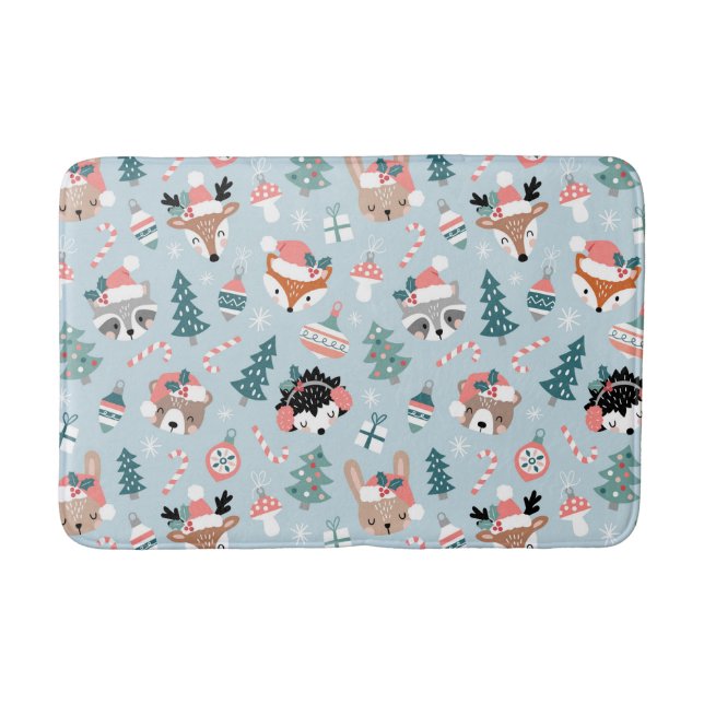 Adorable Woodland Christmas Animal Faces Pattern Bath Mat (Front)