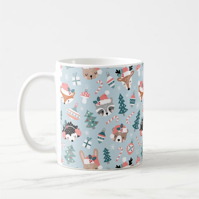 Adorable Woodland Christmas Animal Faces Pattern Coffee Mug (Left)