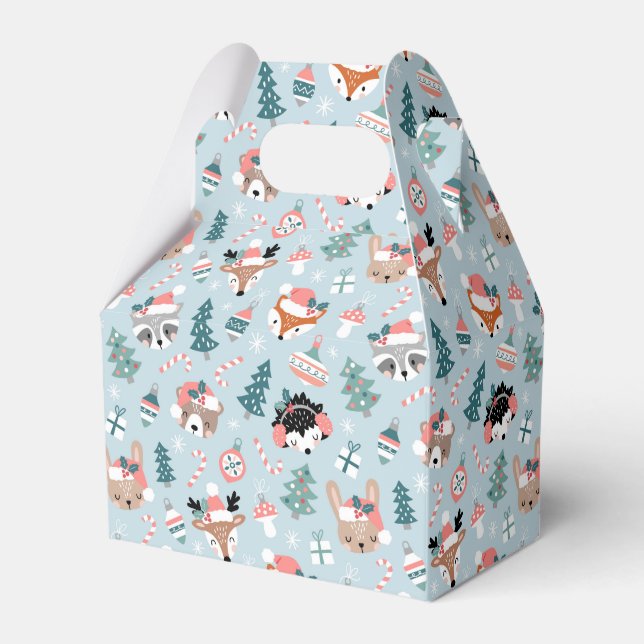 Adorable Woodland Christmas Animal Faces Pattern Favor Box (Front Side)