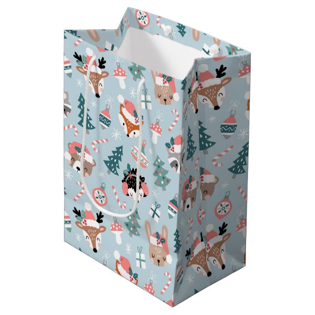 Adorable Woodland Christmas Animal Faces Pattern Medium Gift Bag (Front Angled)
