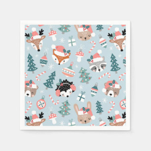 Adorable Woodland Christmas Animal Faces Pattern Napkin
