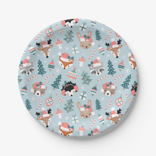 Adorable Woodland Christmas Animal Faces Pattern Paper Plate