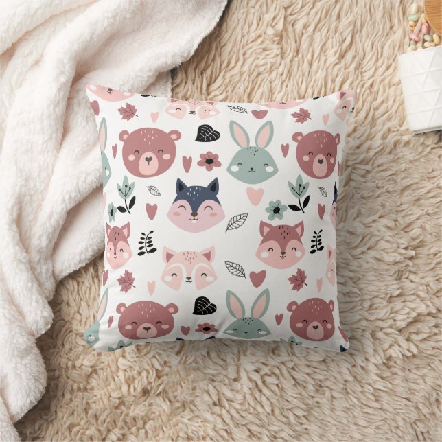 Adorable Woodland Creatures With Hearts Throw Pillow (Blanket)