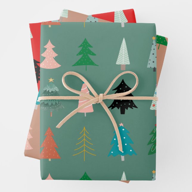 Adorable Xmas pattern trees green red pink cute  Wrapping Paper Sheet (In situ)