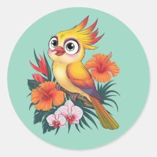 Adorable Yellow birds with flowers Classic Round Sticker