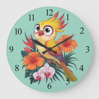 Adorable Yellow birds with flowers Large Clock