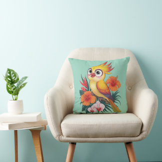 Adorable Yellow birds with flowers Throw Pillow