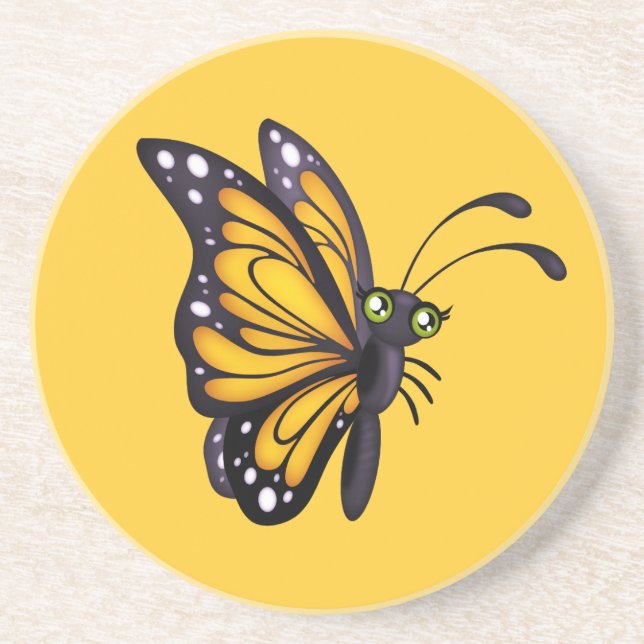 Adorable Yellow Butterfly Sandstone Drink Coaster (Front)
