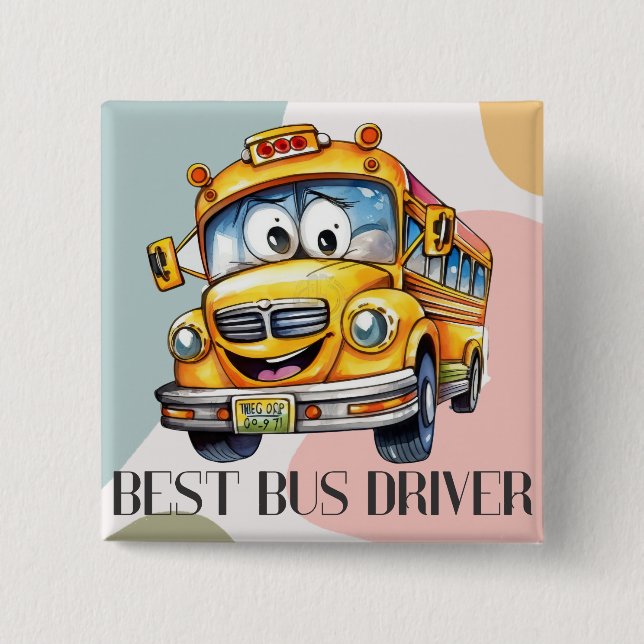 Adorable Yellow Cartoon Best School Bus Driver 2 Inch Square Button (Front)