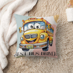 Adorable Yellow Cartoon Best School Bus Driver Throw Pillow